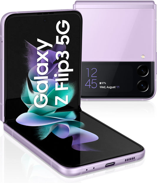 Samsung Galaxy Z Flip3 5G SM3F711ULVFXAA - Factory Unlocked, Lavender, 128GB Storage, AI Night Mode
